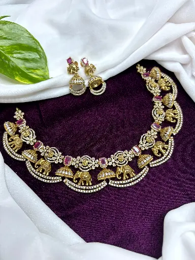 Elephant Jhumki Stone Necklace N0029